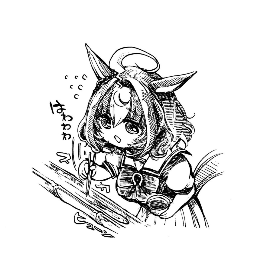 1girl ahoge animal_ears bangs bowl breasts chopsticks flying_sweatdrops greyscale highres holding holding_bowl holding_chopsticks horse_ears horse_girl horse_tail mame_nabe_donko medium_breasts medium_hair meisho_doto_(umamusume) monochrome motion_lines nagashi_soumen open_mouth puffy_short_sleeves puffy_sleeves raised_eyebrows sailor_collar short_sleeves skirt solo sound_effects tail umamusume