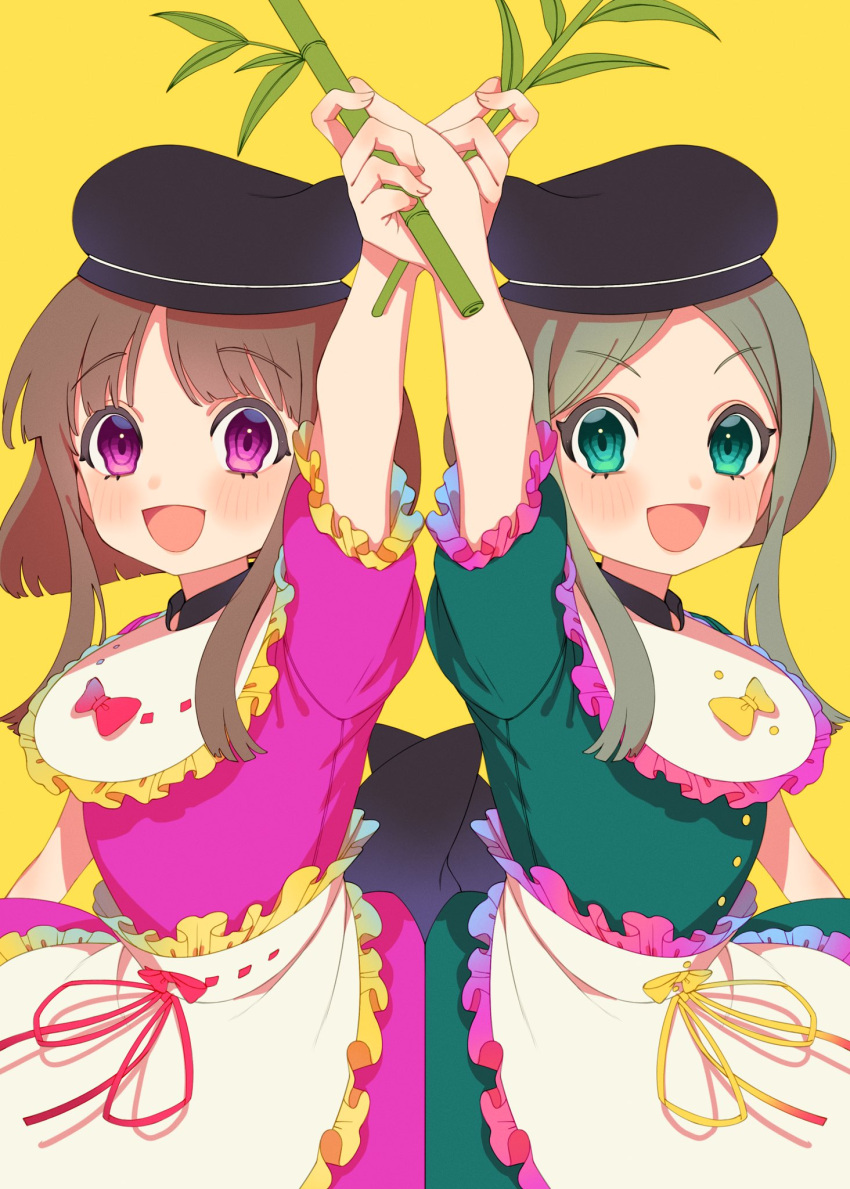 2girls apron arm_up back_bow bamboo bangs black_bow black_headwear blush bow breasts brown_hair buttons commentary_request dress e_sdss fingernails frills gradient gradient_clothes green_dress green_eyes green_hair hand_up hat highres leaf long_fingernails looking_at_viewer medium_breasts multicolored_bow multiple_girls myouga_(plant) nishida_satono open_mouth pink_dress pink_eyes plant puffy_short_sleeves puffy_sleeves purple_bow red_bow short_hair short_hair_with_long_locks short_sleeves simple_background smile standing teireida_mai tongue touhou white_apron yellow_background yellow_bow
