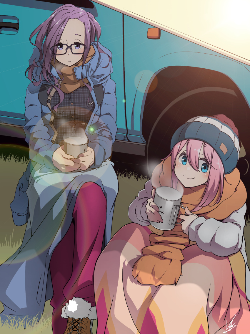 2girls absurdres beanie blanket blue_eyes car cup glasses ground_vehicle hat highres jacket kagamihara_nadeshiko kagamihara_sakura motor_vehicle mug multiple_girls pink_hair purple_hair scarf siblings sisters sitting smile steam violet_eyes yasu_(pixiv) yurucamp