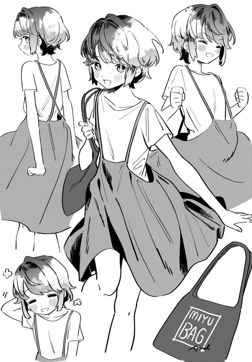 1girl bag clenched_hands closed_eyes commentary_request cowboy_shot deco_(geigeki_honey) greyscale highres kantai_collection looking_at_viewer miyuki_(kancolle) monochrome multiple_views open_mouth overall_skirt shirt short_hair t-shirt wavy_hair