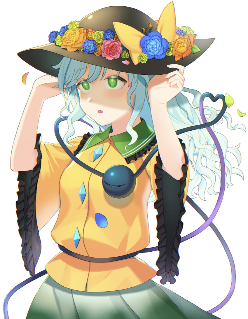 1girl bangs blue_hair blush bow c_i_an diamond_(shape) dress falling_petals flower frilled_sleeves frills green_eyes green_skirt hat heart highres holding holding_clothes holding_hat komeiji_koishi long_hair open_mouth petals rose skirt solo third_eye touhou yellow_bow yellow_dress