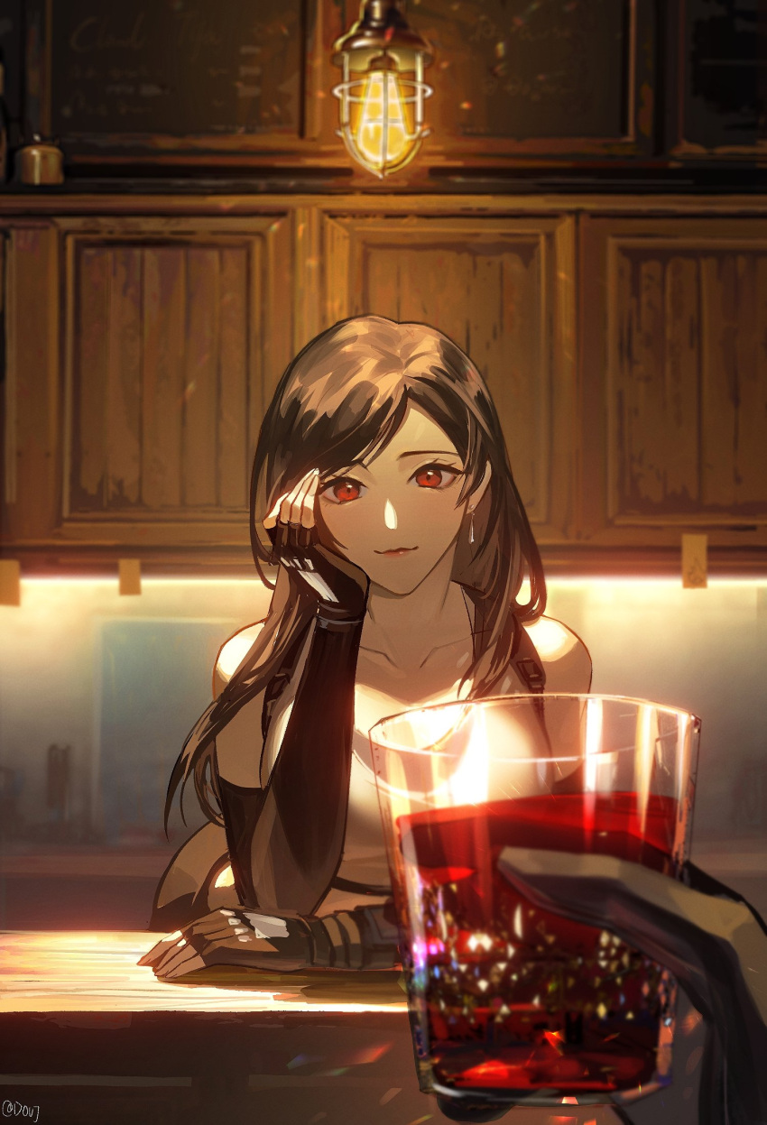 1girl asymmetrical_hair bar bartender black_hair breasts cabinet collarbone counter cup disembodied_limb duoj_ji earrings final_fantasy final_fantasy_vii final_fantasy_vii_remake fingerless_gloves gloves head_on_hand highres holding holding_cup indoors jewelry large_breasts leaning_on_table light_bulb long_hair looking_at_viewer red_eyes shirt smile suspenders tifa_lockhart upper_body white_shirt