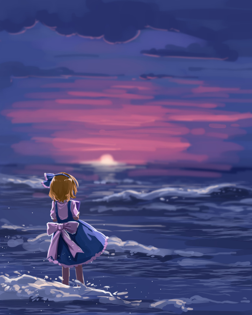 1girl alice_margatroid blonde_hair blue_bow blue_dress blurry blurry_background bow clouds cloudy_sky depth_of_field dress facing_away frilled_bow frilled_dress frills furahata_gen hair_bow hair_ornament highres horizon large_bow multicolored_sky ocean scenery shirt short_hair sky solo sun sunset touhou water waves white_bow white_shirt