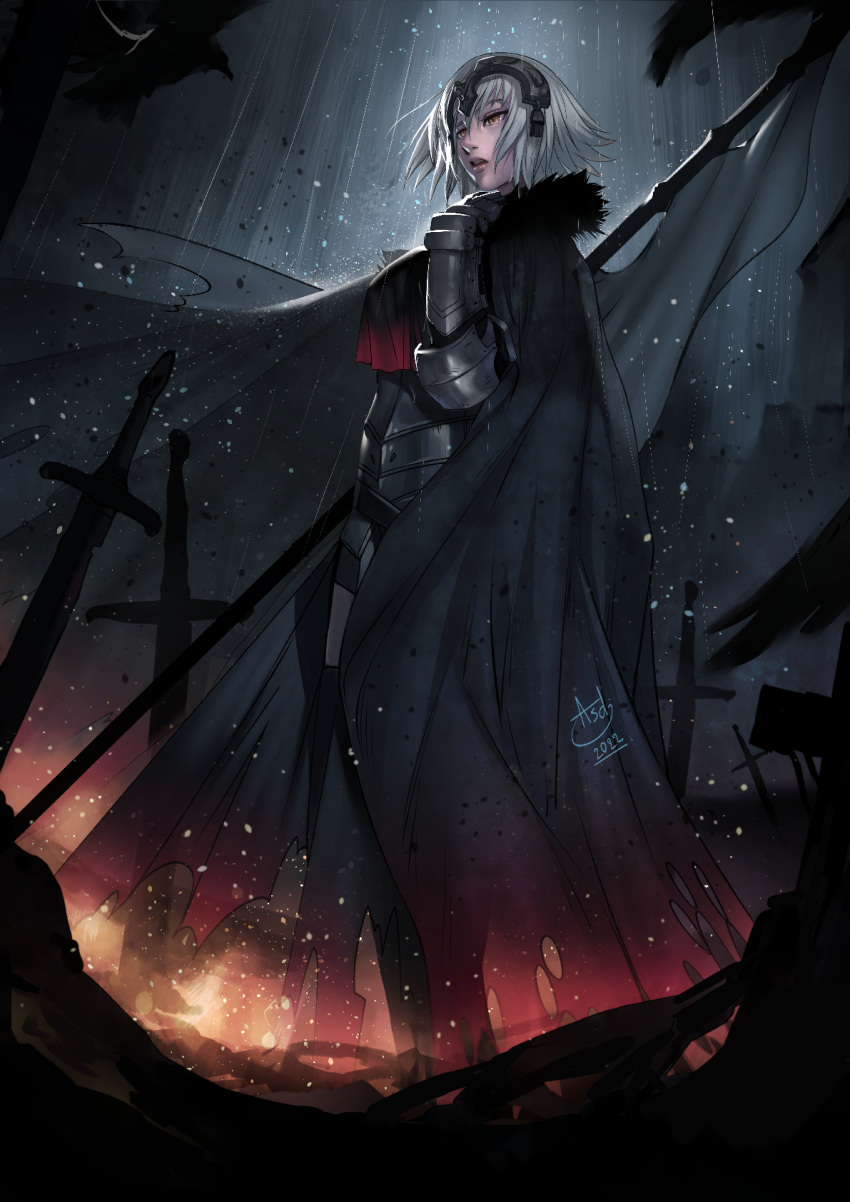1girl 2022 armor armored_dress asdj banner black_cape black_dress black_legwear cape dress fate/grand_order fate_(series) from_below fur-trimmed_cape fur_trim gauntlets gradient_cape grey_hair headpiece highres jeanne_d'arc_alter_(fate) open_mouth planted planted_sword rain red_cape short_hair signature solo sword thigh-highs torn_cape torn_clothes weapon yellow_eyes