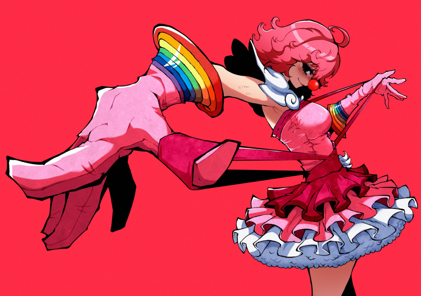 1girl absurdres ace_attorney ahoge armpits blush clown_nose cowboy_shot dress foreshortening frilled_dress frills from_side geiru_toneido gloves highres kekel long_hair looking_at_viewer phoenix_wright:_ace_attorney_-_spirit_of_justice pink_dress pink_gloves pink_hair profile rainbow_print red_background simple_background sleeveless sleeveless_dress smile solo suspenders_pull