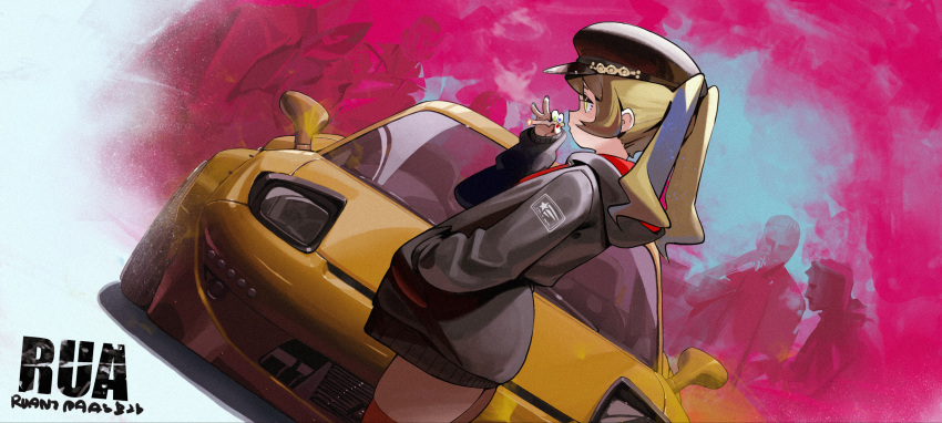 1girl blonde_hair car dutch_angle fingernails ground_vehicle hat highres holding jacket long_sleeves motor_vehicle multicolored_nails orange_legwear original parted_lips smoking solo_focus standing thigh-highs twintails waterkuma yellow_eyes