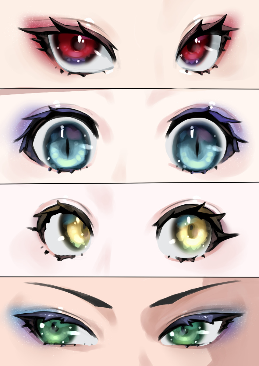 4girls absurdres blue_eyes eye_focus eyeshadow green_eyes highres looking_at_viewer makeup mascara mikan_(chipstar182) multiple_girls original red_eyes slit_pupils yellow_eyes