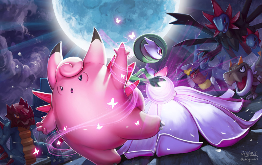 battle bug butterfly clefable druddigon energy_ball fangs flying garchomp gardevoir glowing glowing_butterfly glowing_hand hydreigon mcgmark moon night no_humans pokemon pokemon_(creature) tyrunt wings