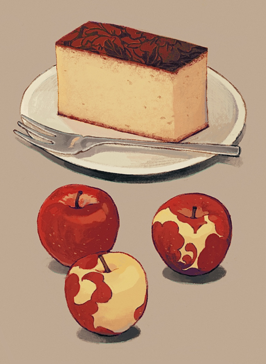 apple cake cake_slice food food_art fork fruit grey_background highres ka_(marukogedago) no_humans original plate simple_background still_life