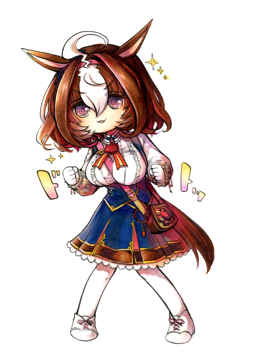 1girl :3 ahoge animal_ears bag between_breasts blue_dress breasts brown_hair chibi clenched_hands dress full_body gloves hair_intakes hairband highres horse_ears large_breasts long_sleeves looking_at_viewer mame_nabe_donko medium_hair meisho_doto_(umamusume) multicolored_hair parted_lips ringed_eyes shirt shoes shoulder_bag simple_background solo sparkle standing strap_between_breasts two-tone_hair umamusume v-shaped_eyebrows white_background white_gloves white_shirt