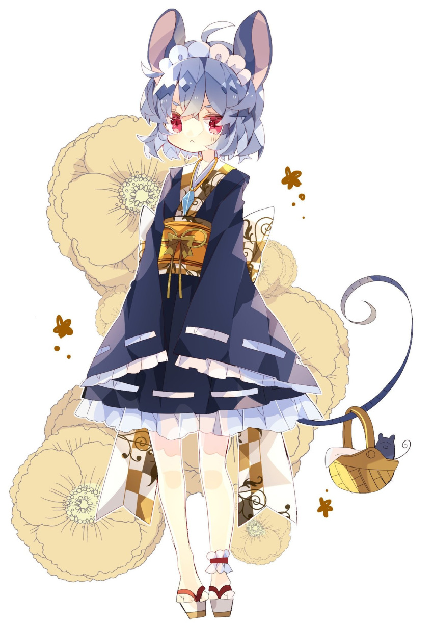 1girl :&lt; ahoge alternate_costume animal_ears ankle_cuffs back_bow bangs basket blue_kimono bow commentary floral_background frilled_kimono frills full_body grey_hair highres japanese_clothes jewelry kimono long_sleeves looking_at_viewer maid_headdress medium_hair mouse mouse_ears mouse_girl mouse_tail nazrin nikorashi-ka obi pendant red_eyes sandals sash sleeves_past_fingers sleeves_past_wrists solo tail touhou wide_sleeves
