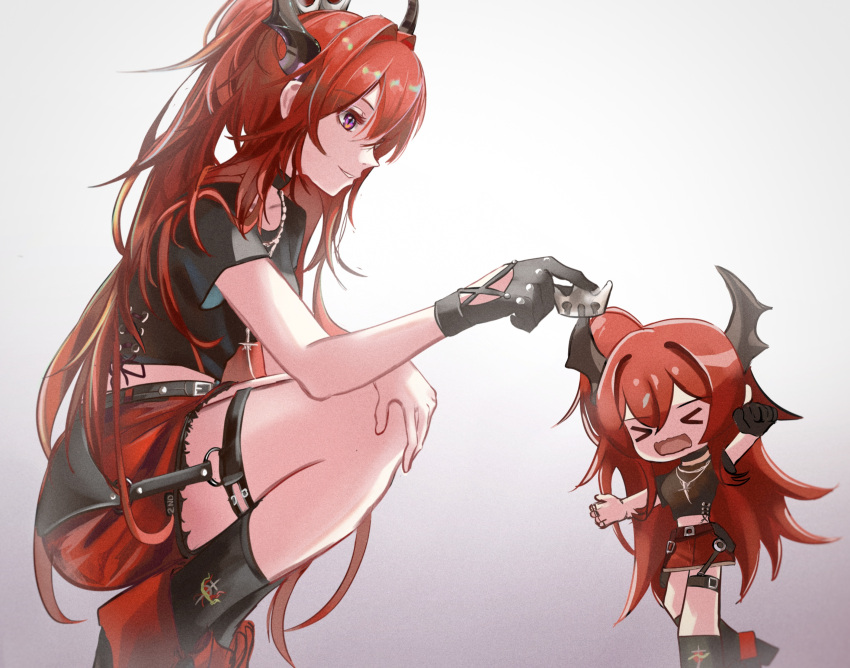 &gt;_&lt; 2girls absurdres arknights belt black_belt black_choker black_gloves black_legwear black_shirt chibi choker crown gloves highres horns jewelry ksloweii long_hair mini_crown multiple_girls necklace official_alternate_costume open_mouth parted_lips red_skirt redhead shirt single_glove skirt surtr_(arknights) surtr_(liberte_echec)_(arknights) very_long_hair violet_eyes
