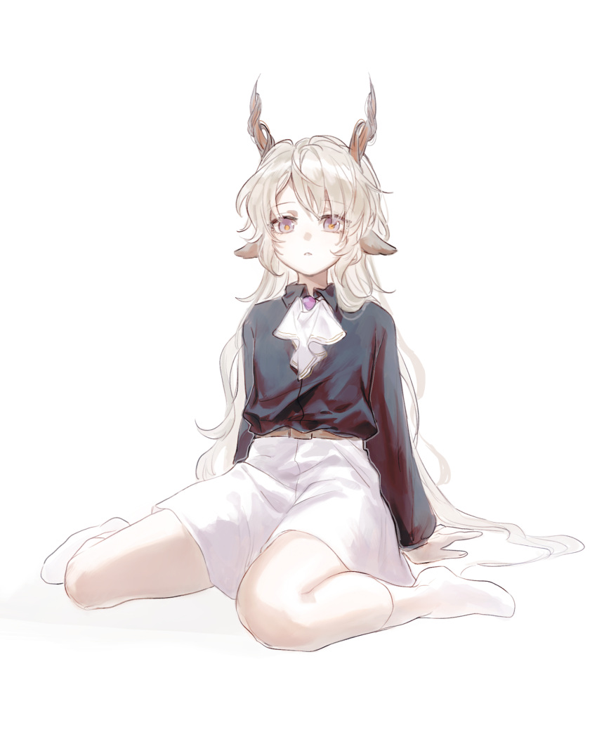 1boy animal_ear_fluff animal_ears arknights ascot bangs belt black_shirt eyebrows_behind_hair frilled_ascot frills full_body gem goat_boy goat_ears goat_horns grey_hair highres horns jewelry kreide_(arknights) leaning leaning_back leather_belt long_hair looking_at_viewer multicolored_eyes parted_lips pleated_shirt purple_gemstone shirt shorts sidelocks simple_background sitting socks solo very_long_hair violet_eyes wariza white_ascot white_background white_legwear white_shorts yellow_pupils yunluo