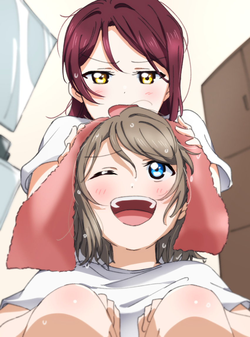 2girls ;d absurdres blue_eyes brown_hair drying drying_hair highres indoors long_hair looking_up love_live! love_live!_sunshine!! medium_hair multiple_girls one_eye_closed open_mouth redhead sakurauchi_riko shiny shiny_hair shirt short_sleeves smile t-shirt towel upper_body watanabe_you wet wet_hair white_shirt yellow_eyes yuchi_(salmon-1000)