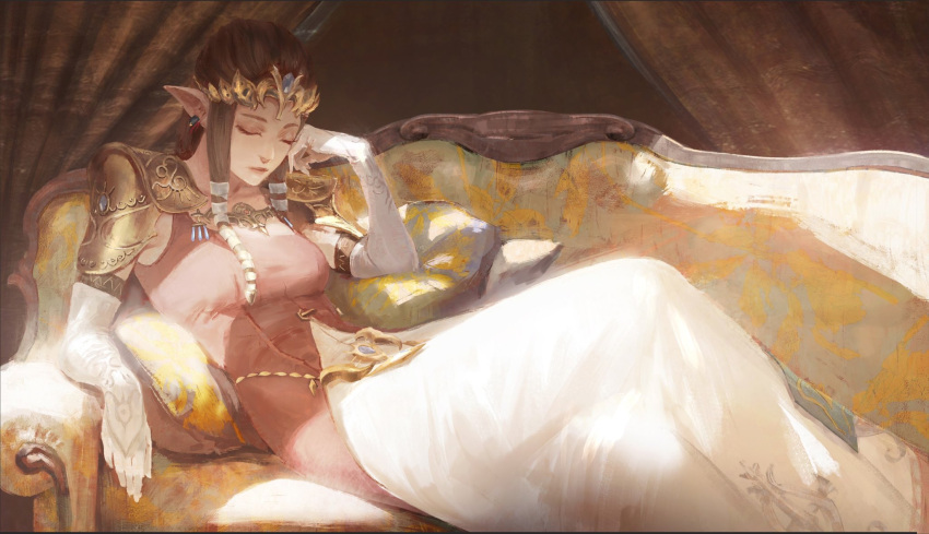 1girl arm_rest armor blue_gemstone breasts brown_hair closed_eyes closed_mouth commentary couch curtains day dress earrings elbow_gloves elbow_rest english_commentary eyelashes feet_out_of_frame gem gloves hair_ribbon hand_on_own_face hand_up head_rest highres indoors jewelry knee_up layered_dress long_hair lying minami_cha on_back on_couch pauldrons pillow pointy_ears princess_zelda print_gloves reclining ribbon shoulder_armor sidelocks sleeping sleeping_upright sleeveless sleeveless_dress small_breasts solo sunlight the_legend_of_zelda the_legend_of_zelda:_twilight_princess tiara tress_ribbon white_gloves