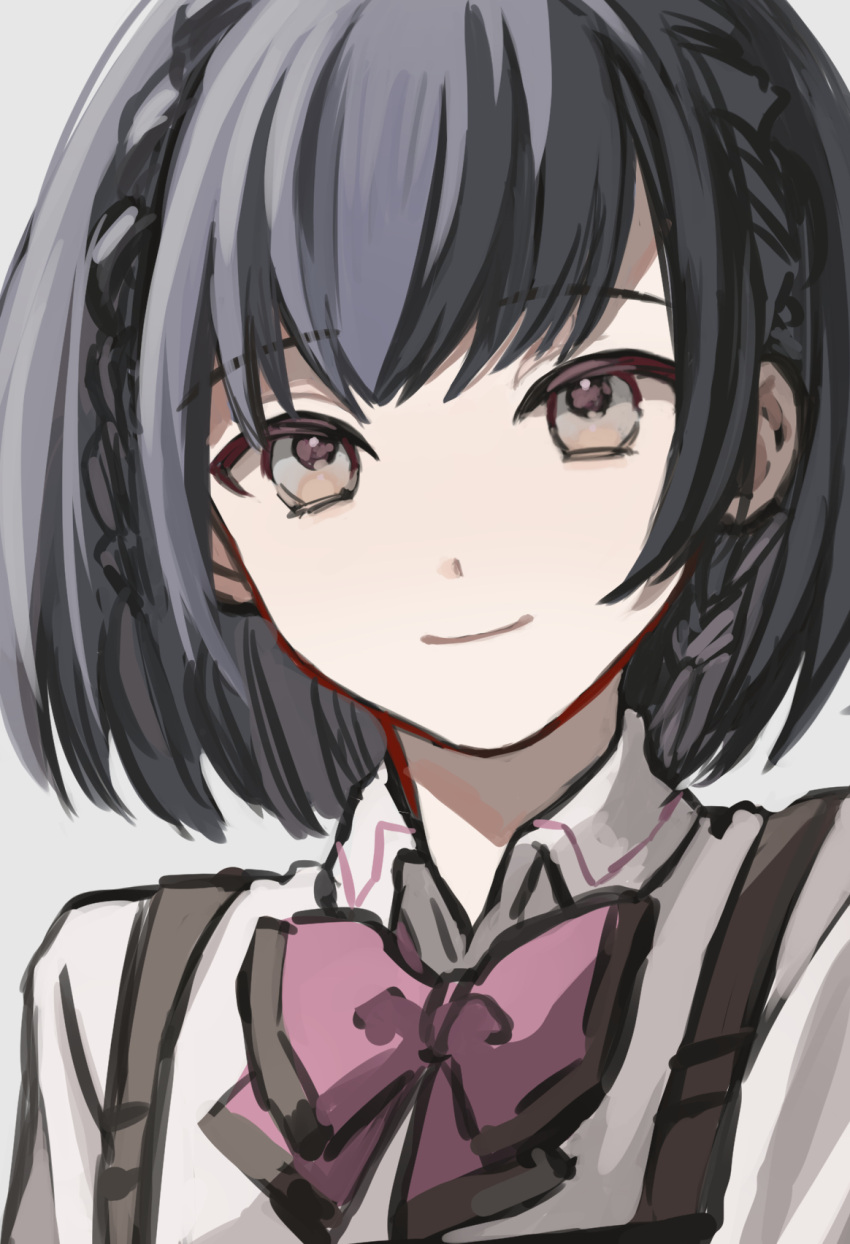 1girl assault_lily bangs black_hair bow bowtie braid closed_mouth collared_shirt commentary grey_background grey_eyes hair_behind_ear hasegawa_gabriella_tsugumi highres light_smile looking_at_viewer pink_bow pink_bowtie portrait school_uniform shirt short_hair simple_background sketch solo suspenders tareko white_shirt