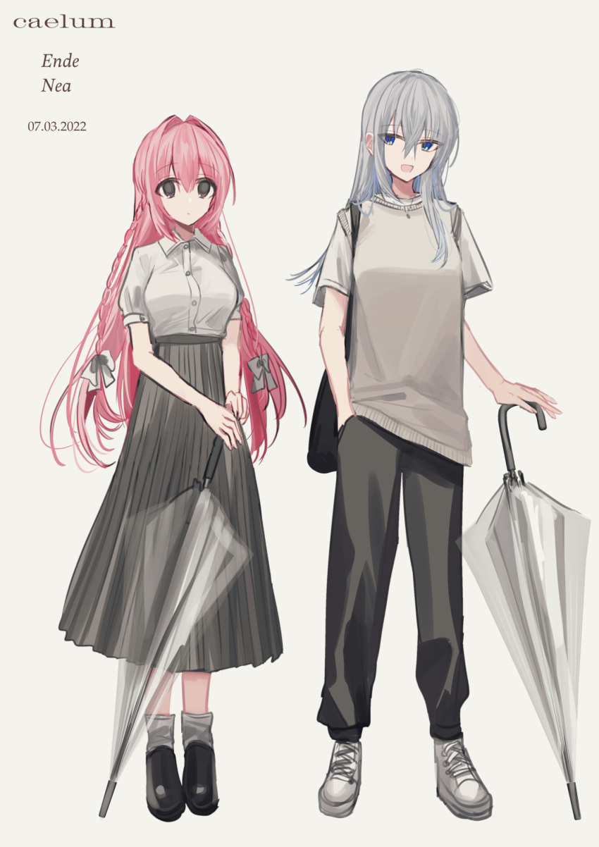 2girls :d bag bangs black_footwear black_pants blue_eyes breasts character_name chihuri closed_mouth collared_shirt dated dress_shirt grey_background grey_hair grey_skirt hair_between_eyes hair_intakes high-waist_skirt highres holding holding_umbrella long_hair medium_breasts multiple_girls original pants pink_hair pleated_skirt shirt shoes shoulder_bag simple_background skirt smile socks transparent transparent_umbrella umbrella very_long_hair violet_eyes white_footwear white_legwear white_shirt