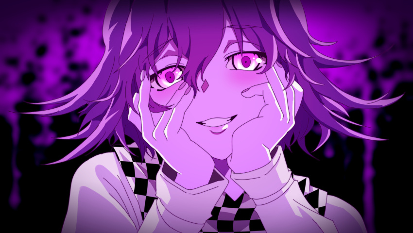 1boy alternate_hair_color black_background blurry blurry_background checkered_clothes checkered_scarf commentary_request danganronpa_(series) danganronpa_v3:_killing_harmony flipped_hair grin hair_between_eyes hands_on_own_face hands_up highres holol_(aaym7333) jacket long_sleeves ouma_kokichi pink_background pink_eyes pink_hair scarf smile solo teeth white_jacket yandere