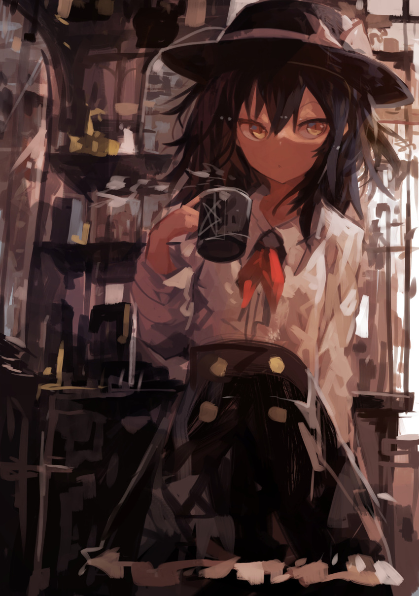1girl arm_behind_back black_hair black_headwear black_skirt bow buttons collared_shirt commentary cowboy_shot cup fedora frilled_skirt frills hat hat_bow highres holding holding_cup indoors kaamin_(mariarose753) long_sleeves looking_at_viewer medium_hair mug neckerchief red_neckerchief shelf shirt skirt solo star_(symbol) touhou usami_renko white_bow white_shirt yellow_eyes
