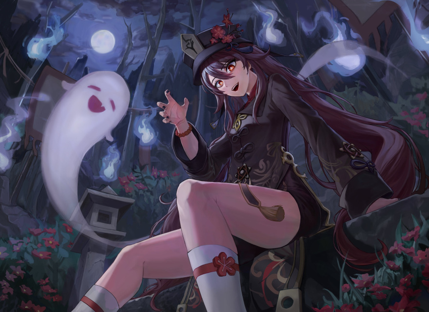 1girl absurdres bcfma black_nails black_shorts brown_hair chinese_clothes coat flower flower-shaped_pupils genshin_impact ghost hat highres hu_tao_(genshin_impact) looking_at_viewer night night_sky open_mouth outdoors plum_blossoms red_eyes shorts sky symbol-shaped_pupils thighs twintails