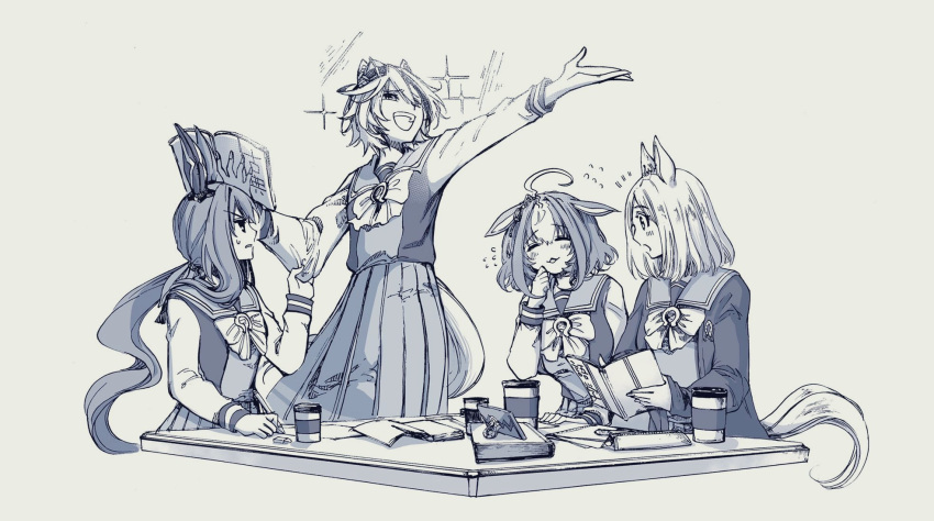 4girls =_= admire_vega_(umamusume) ahoge animal_ears bangs blush book cellphone closed_eyes coffee_cup crown cup disposable_cup ear_down flying_sweatdrops greyscale highres holding holding_book holding_pencil horse_ears horse_girl horse_tail long_hair long_sleeves looking_at_another low_ponytail mame_nabe_donko meisho_doto_(umamusume) mini_crown monochrome multiple_girls narita_top_road_(umamusume) notebook open_mouth outstretched_arm pencil pencil_case phone sailor_collar school_uniform shirt_grab short_hair skirt smartphone smile sparkle t.m._opera_o_(umamusume) table tail teeth tracen_school_uniform umamusume upper_teeth v-shaped_eyebrows