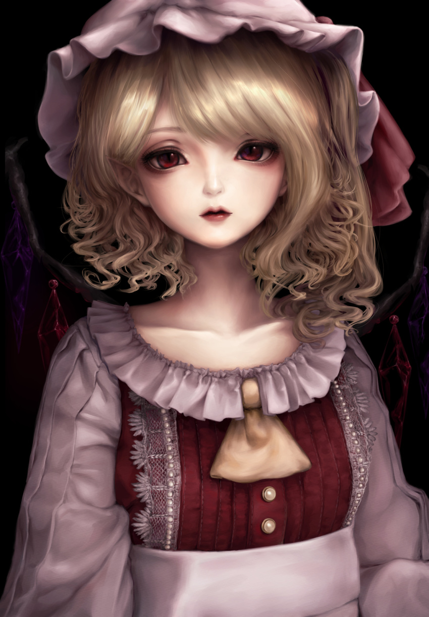 1girl black_background blonde_hair face flandre_scarlet hat highres lips looking_at_viewer mizuhichi mob_cap realistic red_eyes solo touhou upper_body wings