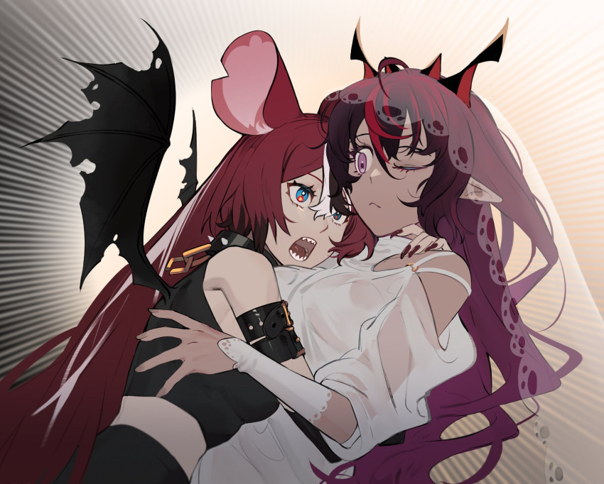 2girls ahoge alternate_costume animal_ears bangs bat_wings blouse bracelet breasts bridal_gauntlets bridal_veil bride choker couple demon_girl demon_horns eus_ing hair_between_eyes hakos_baelz highres hololive hololive_english horns hug irys_(hololive) jewelry long_hair medium_breasts mouse_ears multiple_girls multiple_horns nail_polish open_mouth pointy_ears scared see-through sharp_teeth shirt simple_background spiked_choker spikes surprised teeth veil very_long_hair virtual_youtuber wife_and_wife wings yuri