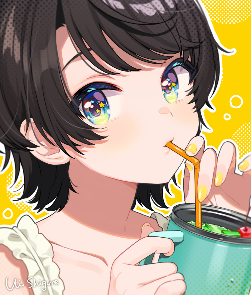 1girl bangs black_hair blue_eyes blush collarbone cup drink drinking drinking_straw halftone halftone_background highres holding holding_cup hololive lips looking_at_viewer nail_polish oozora_subaru polka_dot polka_dot_background portrait shigure_ui short_hair smile solo star_(symbol) star_in_eye symbol_in_eye virtual_youtuber yellow_background yellow_nails