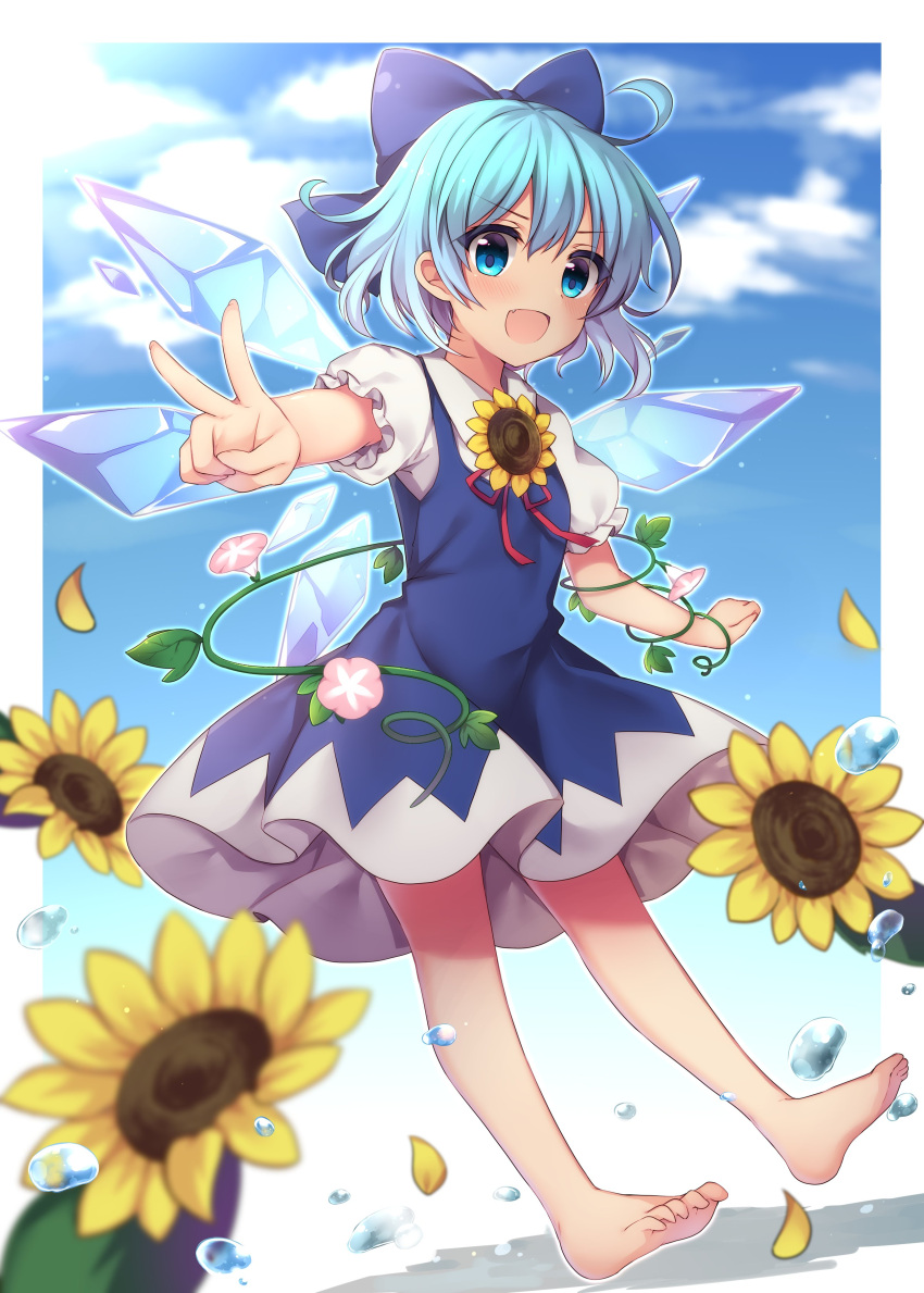 1girl absurdres ahoge arms_up bangs barefoot blue_bow blue_dress blue_eyes blue_hair blue_sky blurry border bow cirno clouds cloudy_sky collared_shirt dress eyes_visible_through_hair flower flying hair_between_eyes hands_up highres ice ice_wings leaf looking_at_viewer open_mouth outside_border petals pink_flower puffy_short_sleeves puffy_sleeves ruhika shirt short_sleeves sky smile solo sunflower tan tanned_cirno touhou v white_border white_shirt wings yellow_flower