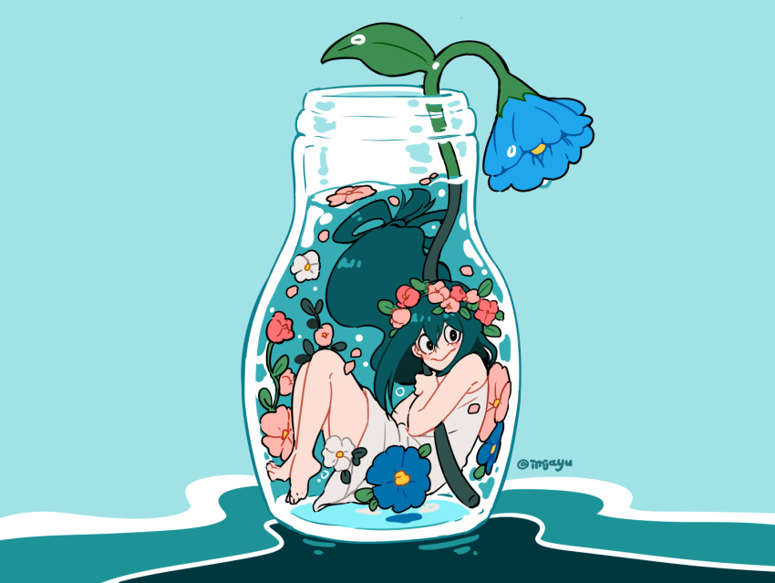 1girl asui_tsuyu bare_arms bare_shoulders barefoot black_eyes blue_background blue_flower boku_no_hero_academia closed_mouth commentary dress english_commentary flower green_hair hair_rings head_wreath imjayu in_container in_jar long_hair looking_at_viewer low-tied_long_hair pink_flower simple_background solo submerged twitter_username very_long_hair water white_dress