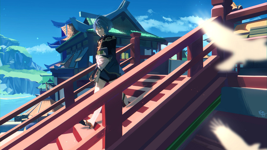 1boy :o absurdres bangs bird blue_hair book boots building clouds frilled_sleeves frills genshin_impact ground_vehicle highres holding holding_book kitsunekotori long_sleeves male_focus outdoors parted_lips shorts signature sky solo train walking white_footwear xingqiu_(genshin_impact)