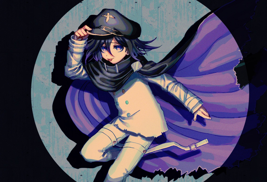 1boy arm_up bangs black_hair black_headwear buttons cape danganronpa_(series) danganronpa_v3:_killing_harmony double-breasted esu_(tasoesu) foot_out_of_frame hair_between_eyes hat highres jacket long_sleeves male_focus ouma_kokichi pants peaked_cap purple_hair short_hair smile solo tongue tongue_out torn_cape torn_clothes two-sided_cape two-sided_fabric violet_eyes white_jacket white_pants