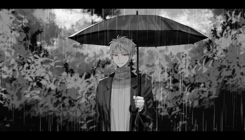 1boy chinese_commentary closed_mouth commentary_request holding holding_umbrella jacket male_focus open_clothes open_jacket outdoors rain red_eyes ribbed_sweater saibou_shinkyoku sakuraihum short_hair smile solo spot_color suit_jacket sweater turtleneck turtleneck_sweater umbrella upper_body