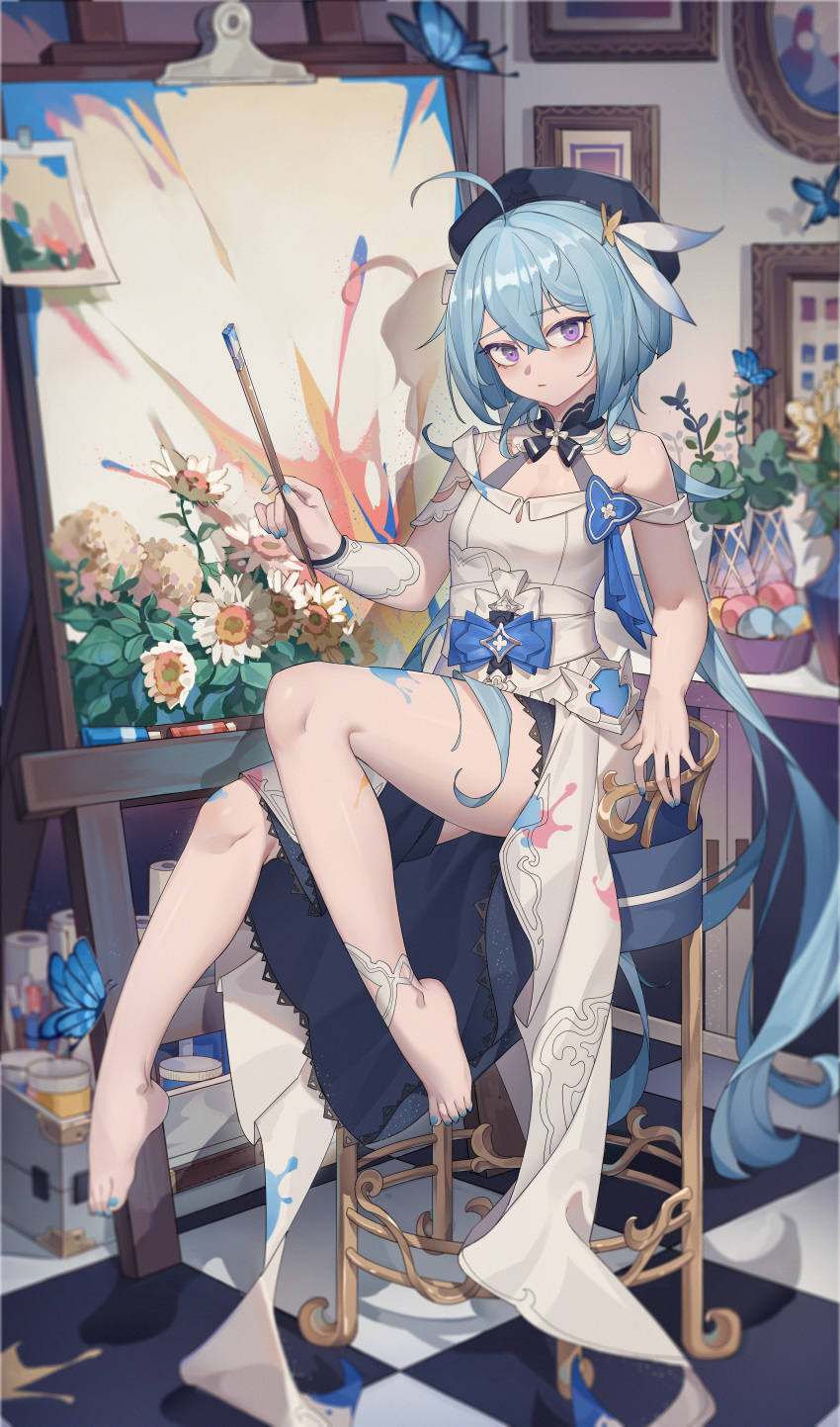 1girl absurdres ahoge bangs bare_shoulders barefoot beret blue_butterfly blue_eyes blue_hair blue_nails bug butterfly canvas_(object) chair closed_mouth dress full_body griseo hat highres holding holding_brush honkai_(series) honkai_impact_3rd indoors long_hair looking_at_viewer nail_polish painting_(action) sitting solo toenail_polish toenails toes twintails violet_eyes white_dress yuk233