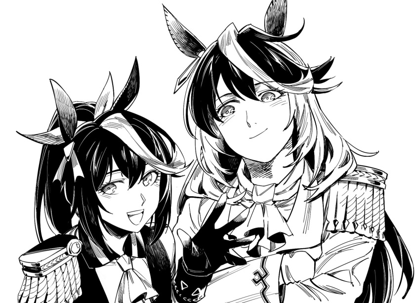 2girls animal_ears ascot crossed_arms earrings epaulettes gloves greyscale high_ponytail highres horse_ears horse_girl jewelry long_hair looking_at_viewer monochrome multicolored_hair multiple_girls ruukii_drift single_earring single_epaulette symboli_rudolf_(umamusume) tokai_teio_(umamusume) two-tone_hair umamusume