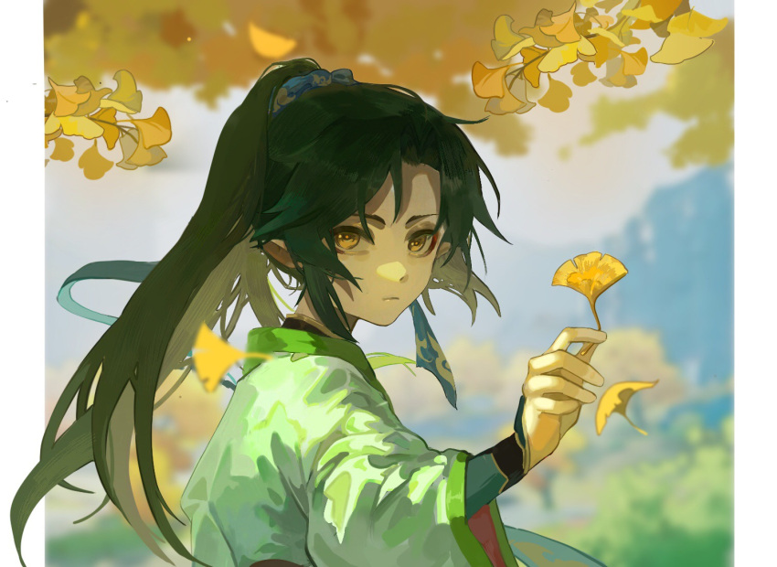1boy autumn_leaves bangs black_hair china_dress chinese_clothes closed_mouth dress genshin_impact ginkgo_leaf green_dress green_hair high_ponytail jewelry leaf lejskms long_hair long_sleeves male_focus multicolored_hair wide_sleeves xiao_(genshin_impact) yellow_eyes