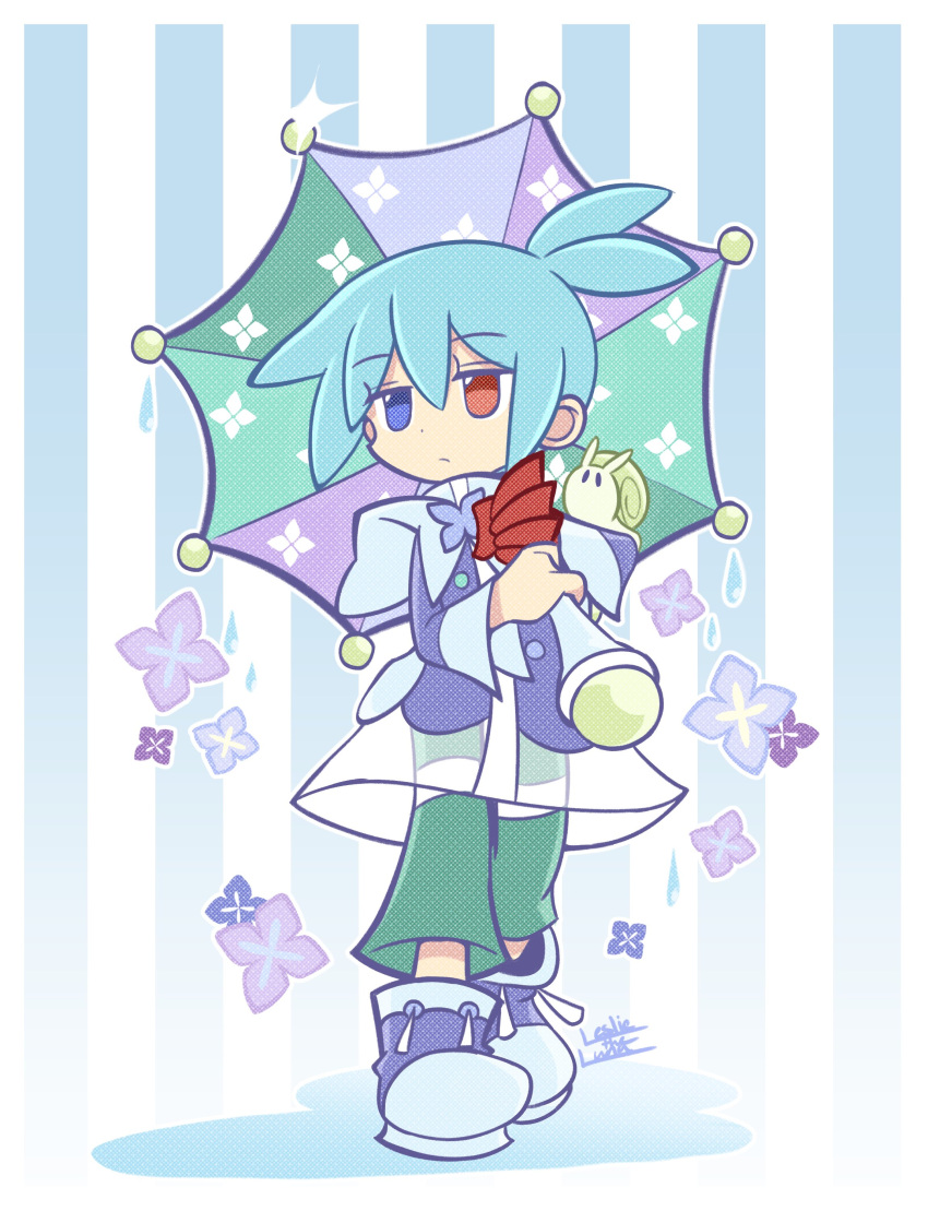 1boy absurdres artist_name blue_eyes blue_hair closed_mouth expressionless heterochromia highres holding holding_umbrella leslietheluna long_sleeves looking_away puyopuyo raincoat red_eyes shoes short_hair sig_(puyopuyo) snail sneakers solo umbrella