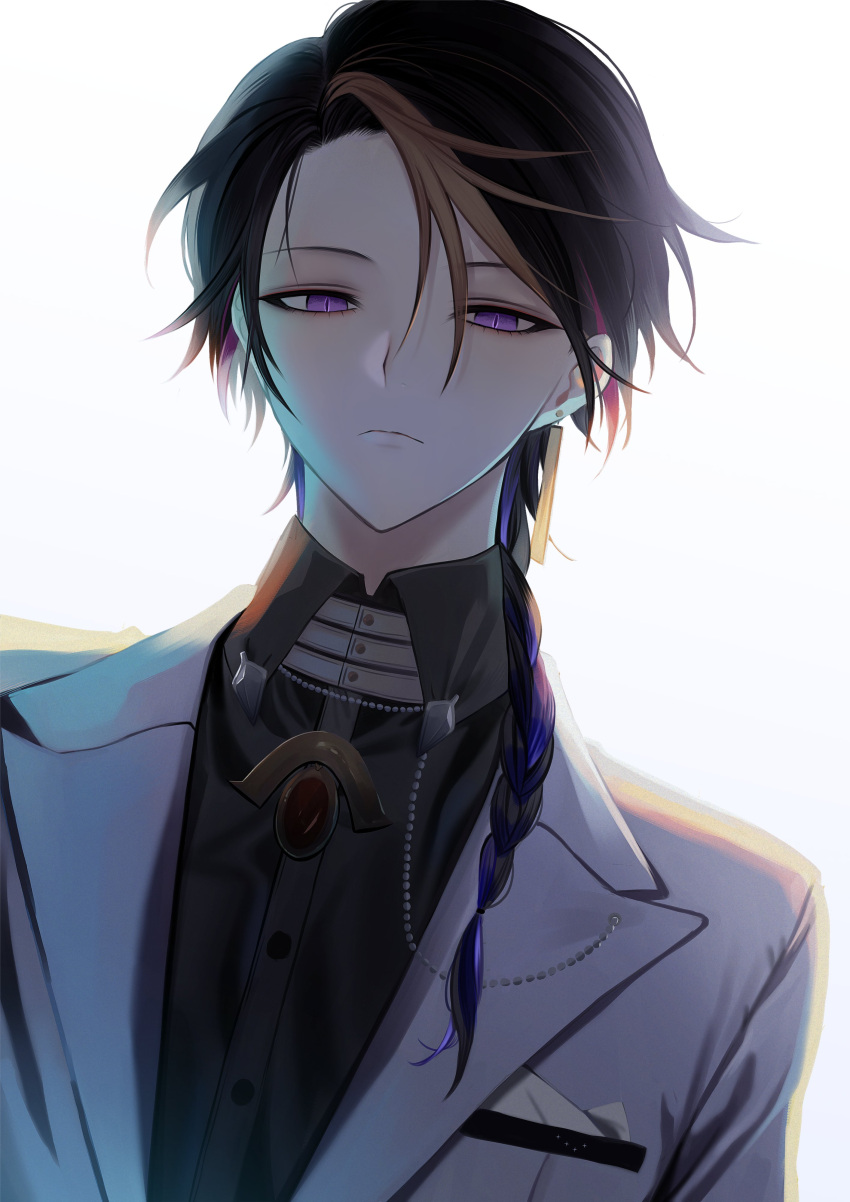 1boy absurdres black_shirt blonde_hair braid cc_(cc_2_) closed_mouth collared_shirt earrings highres jacket jewelry long_hair looking_at_viewer male_focus multicolored_hair nijisanji nijisanji_en shirt shu_yamino solo upper_body violet_eyes white_background white_jacket