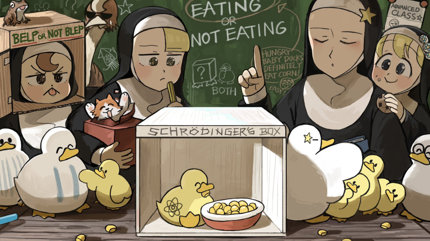 4girls bird blonde_hair blue_eyes book bowl box brown_eyes brown_hair cardboard_box cat catholic chalkboard chicken chocolate_chip_cookie closed_eyes clumsy_nun_(diva) cookie corn diva_(hyxpk) duck duckling eating food frog froggy_nun_(diva) glasses habit highres little_nuns_(diva) multiple_girls note nun ostrich spicy_nun_(diva) star_nun_(diva) star_ornament wooden_box yellow_eyes