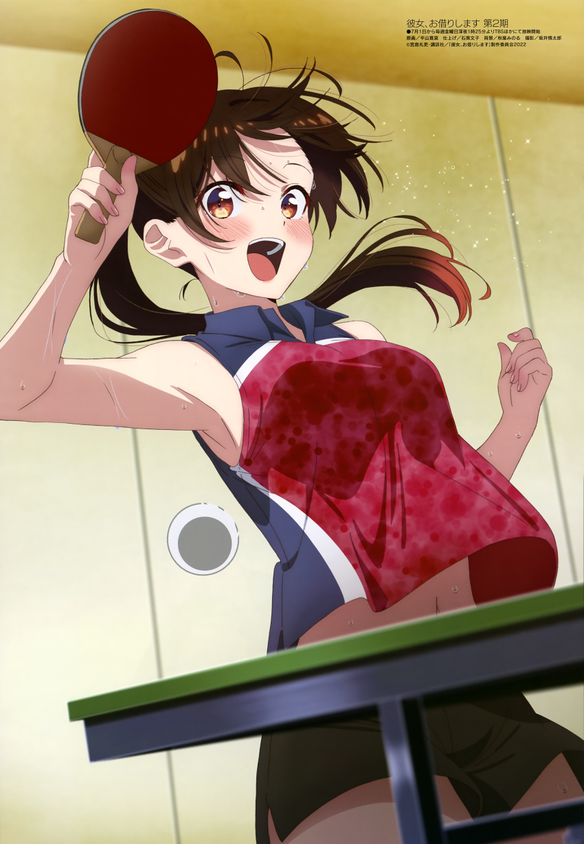 1girl armpits brown_hair dutch_angle indoors japanese_text kanojo_okarishimasu long_hair midriff mizuhara_chizuru official_art open_mouth ping-pong ponytail red_eyes simple_background sleeveless solo stomach sweat sweating sweating_profusely table_tennis teeth tennis_ball text tms_entertainment
