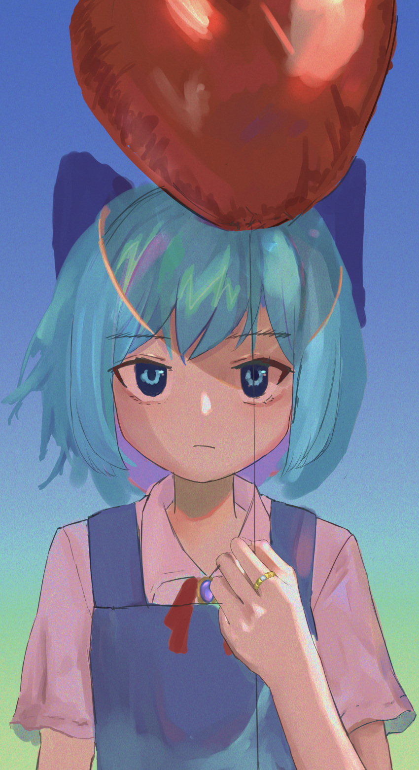 1girl absurdres balloon bangs blue_bow blue_eyes blue_hair blue_vest bow brooch cirno collared_shirt commentary expressionless gradient gradient_background hair_bow henginnnnnn highres holding holding_balloon jewelry looking_at_viewer neck_ribbon red_ribbon ribbon ring shirt short_hair short_sleeves solo touhou upper_body vest white_shirt