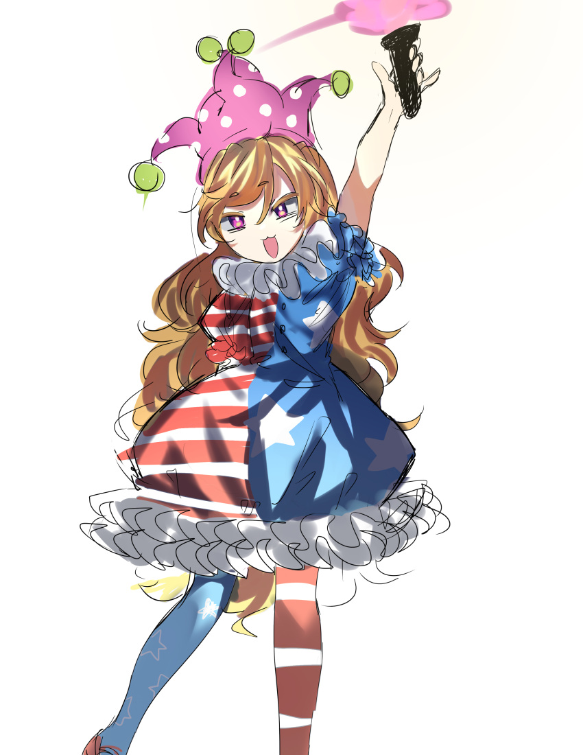 1girl absurdres american_flag_dress american_flag_legwear blonde_hair clownpiece collared_dress commeowdore dress frilled_dress frills hand_up hat highres jester_cap long_hair open_mouth thigh-highs torch touhou