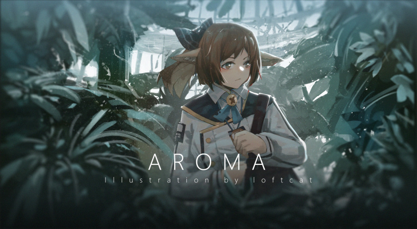 1girl animal_ears arknights artist_name bell black_bow bow brown_eyes brown_hair collared_shirt english_text fox_ears fox_girl greenhouse hair_bow hands_up highres holding id_card loftcat long_hair long_sleeves neck_bell perfumer_(arknights) perfumer_(species_plantarum)_(arknights) plant ponytail shirt solo upper_body white_shirt