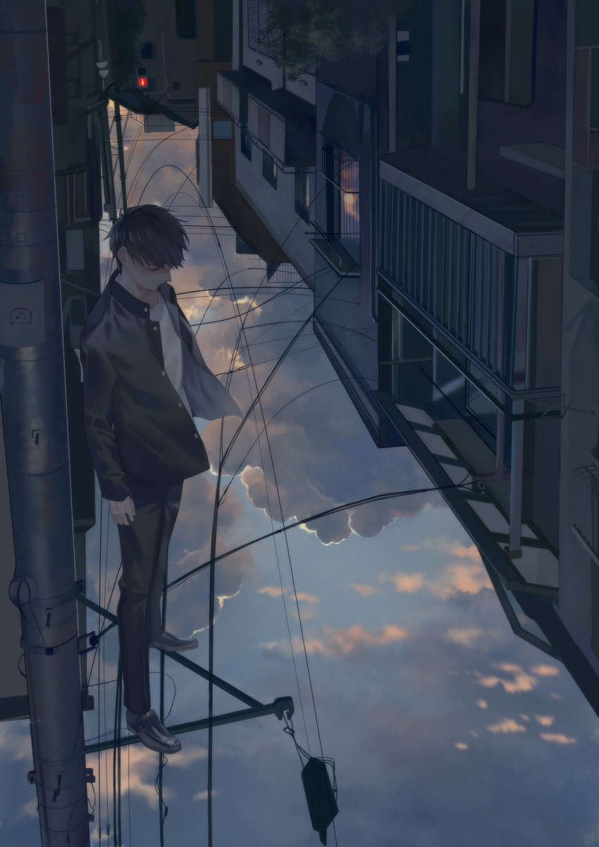 1boy balcony black_footwear black_hair black_jacket black_pants building chinese_commentary closed_eyes clouds cloudy_sky commentary_request expressionless full_body gakuran highres house jacket male_focus original outdoors pants power_lines scenery school_uniform shirt shoes short_hair sky solo standing tamabakuro town traffic_light upside-down upside-down_world utility_pole white_shirt window