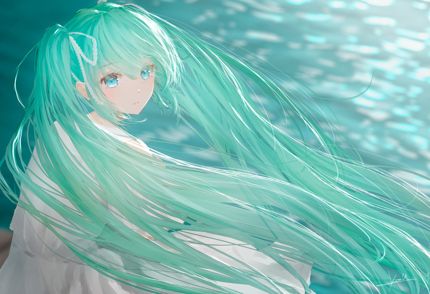 1girl aqua_eyes aqua_hair bangs blurry blurry_background closed_mouth dress hair_between_eyes hair_ribbon hatsune_miku highres long_hair looking_at_viewer looking_back ojay_tkym outdoors ribbon solo symbol-only_commentary twintails very_long_hair vocaloid water white_dress white_ribbon