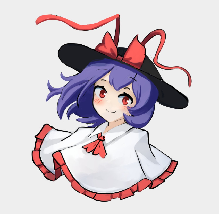 1girl ascot bangs black_headwear bow capelet closed_mouth cropped_torso english_commentary ferdy's_lab frills hat hat_bow highres looking_at_viewer nagae_iku purple_hair red_ascot red_bow red_eyes short_hair simple_background smile solo touhou white_background white_capelet