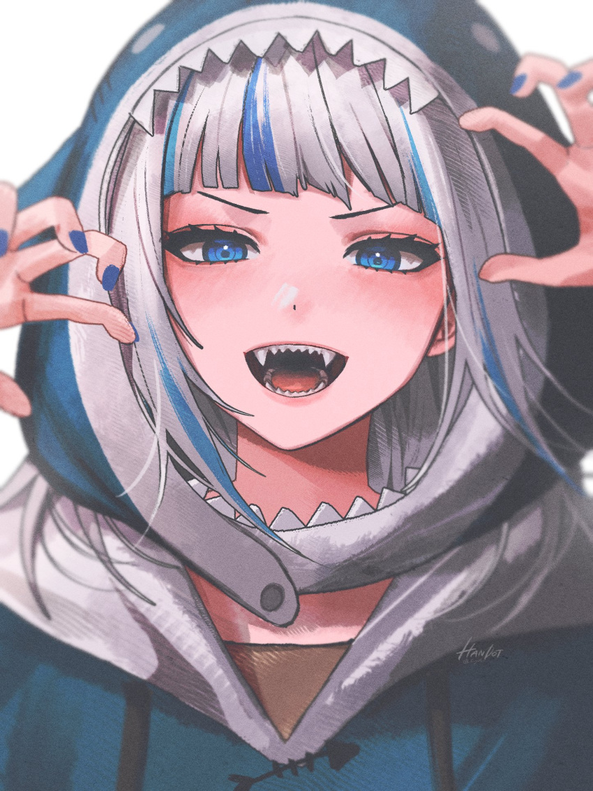 1girl animal_costume bangs blue_eyes blue_hair blue_hoodie blunt_bangs blush gawr_gura handot_(d_yot_) highres hololive hololive_english hood hoodie looking_at_viewer multicolored_hair nail_polish open_mouth shark_costume sharp_teeth smile solo streaked_hair teeth virtual_youtuber white_hair