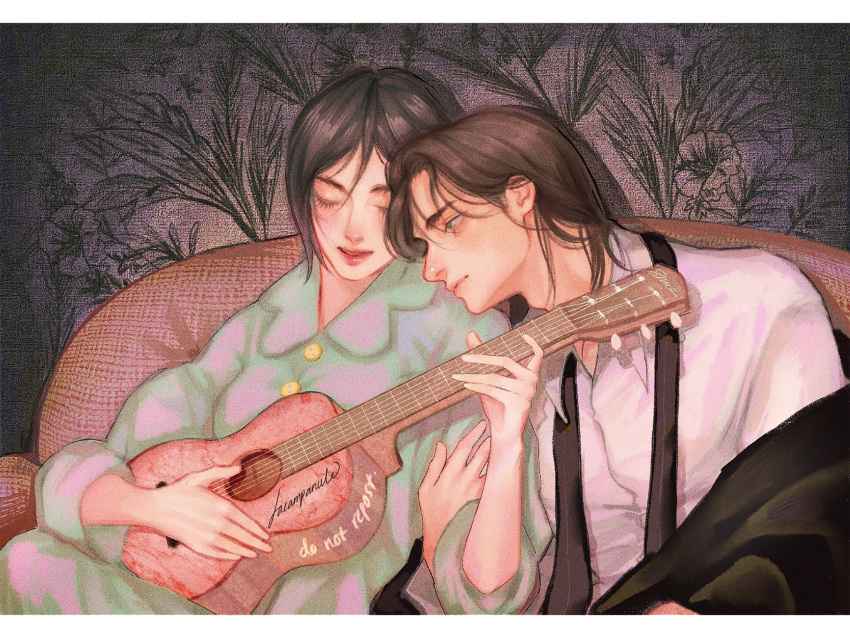 1boy 1girl bangs black_hair brown_hair buttons closed_eyes couch couple eren_yeager green_eyes green_shirt guitar hetero highres holding_another's_arm instrument jacket jacket_removed lacampanule letterboxed long_sleeves looking_to_the_side loose_necktie medium_hair mikasa_ackerman music necktie pajamas parted_bangs parted_lips playing_instrument scar scar_on_cheek scar_on_face shingeki_no_kyojin shirt short_hair singing sitting upper_body wallpaper_(object) white_shirt