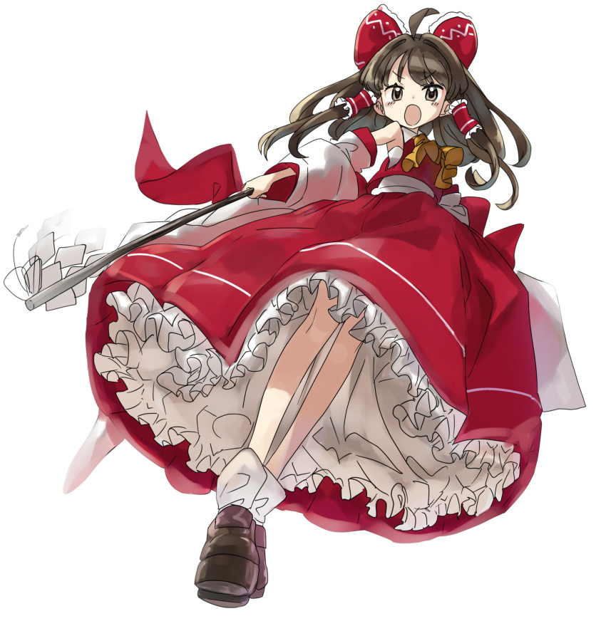 1girl ascot brown_hair frills hair_tubes hakurei_reimu highres japanese_clothes long_hair long_skirt looking_at_viewer miko red_shirt red_skirt sarashi shirt skirt skirt_set solo touhou usayoshi_(touhopu2) yellow_ascot