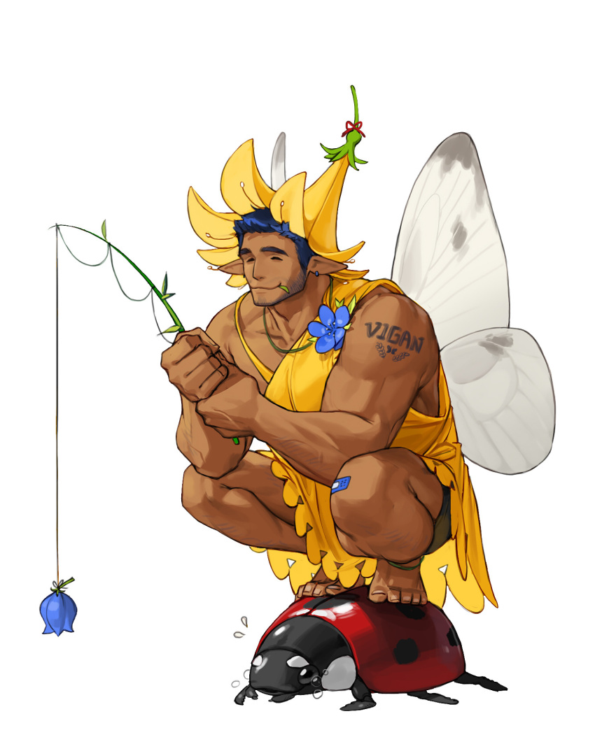 1boy bandaid bandaid_on_knee bandaid_on_leg black_hair blue_flower bug butterfly_wings closed_eyes dark-skinned_male dark_skin flower highres ladybug male_focus original pointy_ears rinotuna short_hair simple_background smile solo toga white_background wings yellow_flower yellow_robe